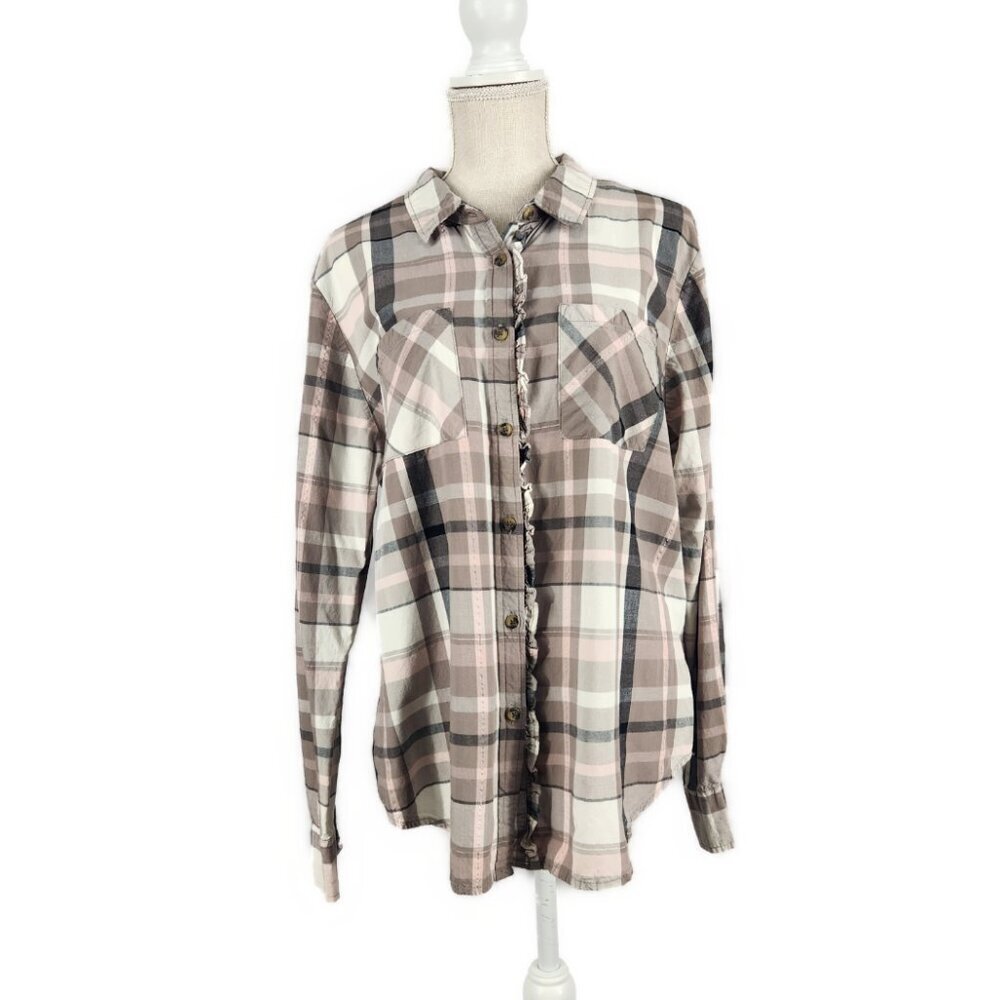 Shyanne Western Button Up Shirt Women's L Brown Pink Plaid Ruffle Feminine